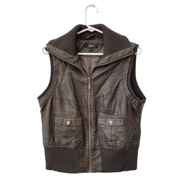 Tribal Faux Leather Full Zip Vest Size 8 Sleeveless Ribbed Trim Fall Grunge Emo - Picture 1 of 5